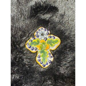 Handcrafted Mexican Ceramic Cross Ornament With Colorful Floral Design